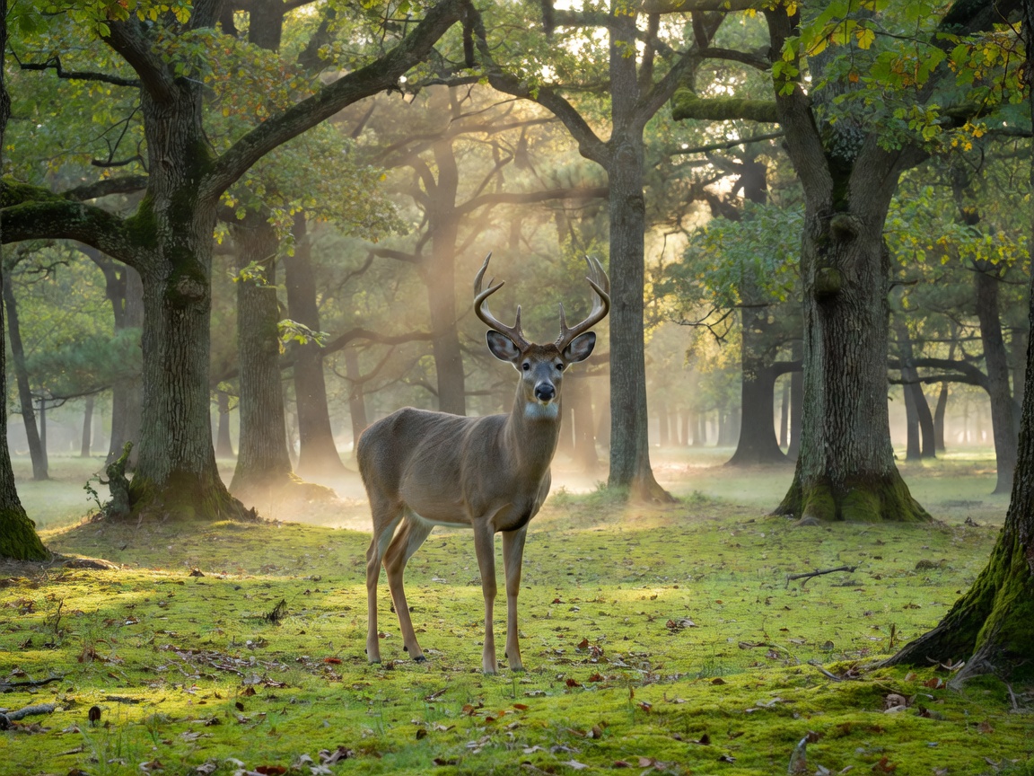 A deer standing quietly in a forest clearing looking towards the camera