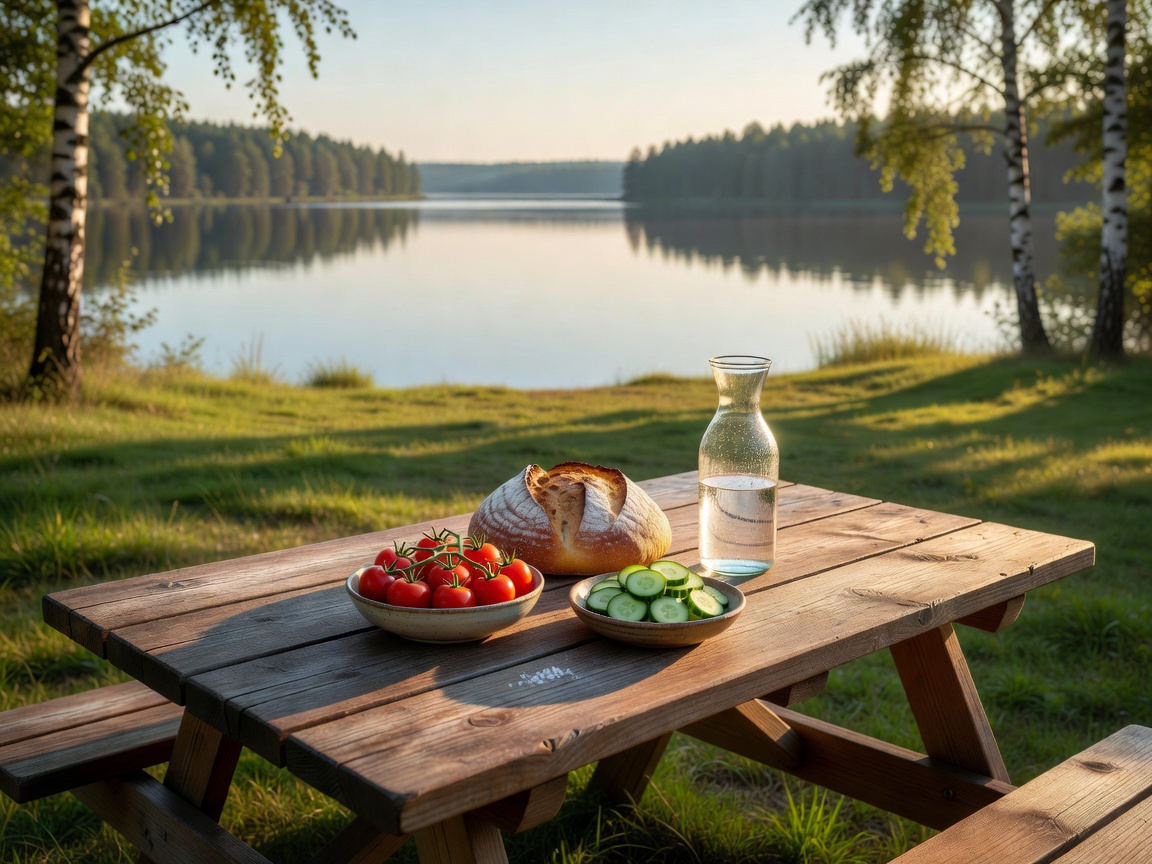 A wooden picnic table set with simple, fresh food overlooking a calm lake