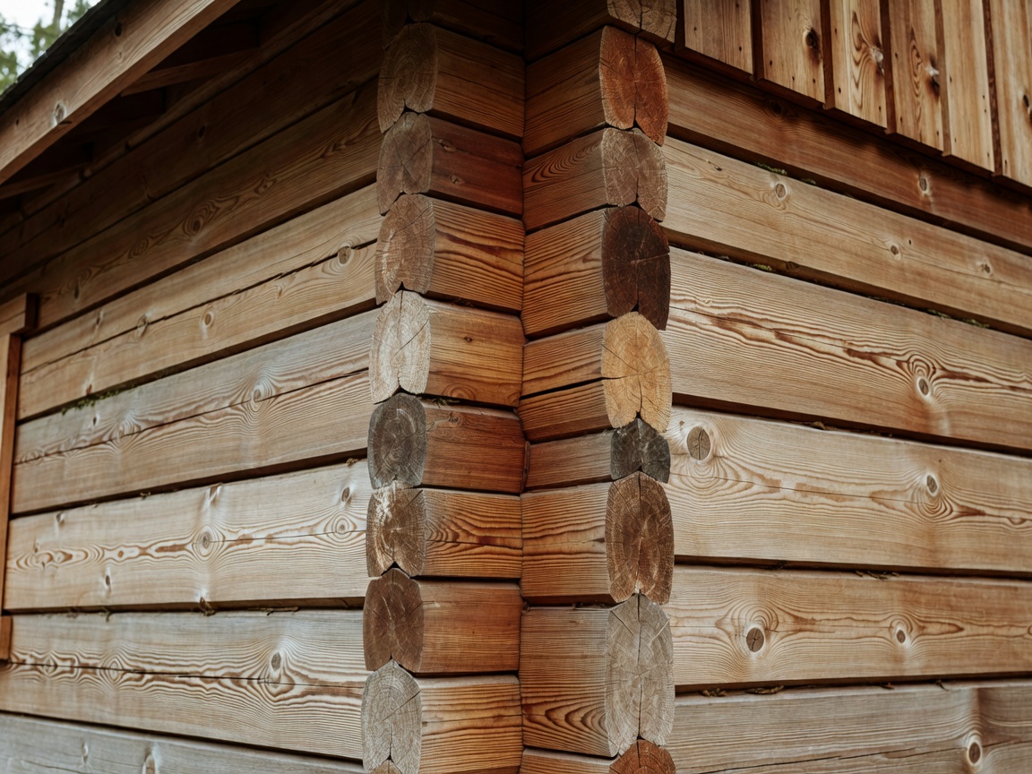 Architectural detail of a wooden cabin showing natural timber construction
