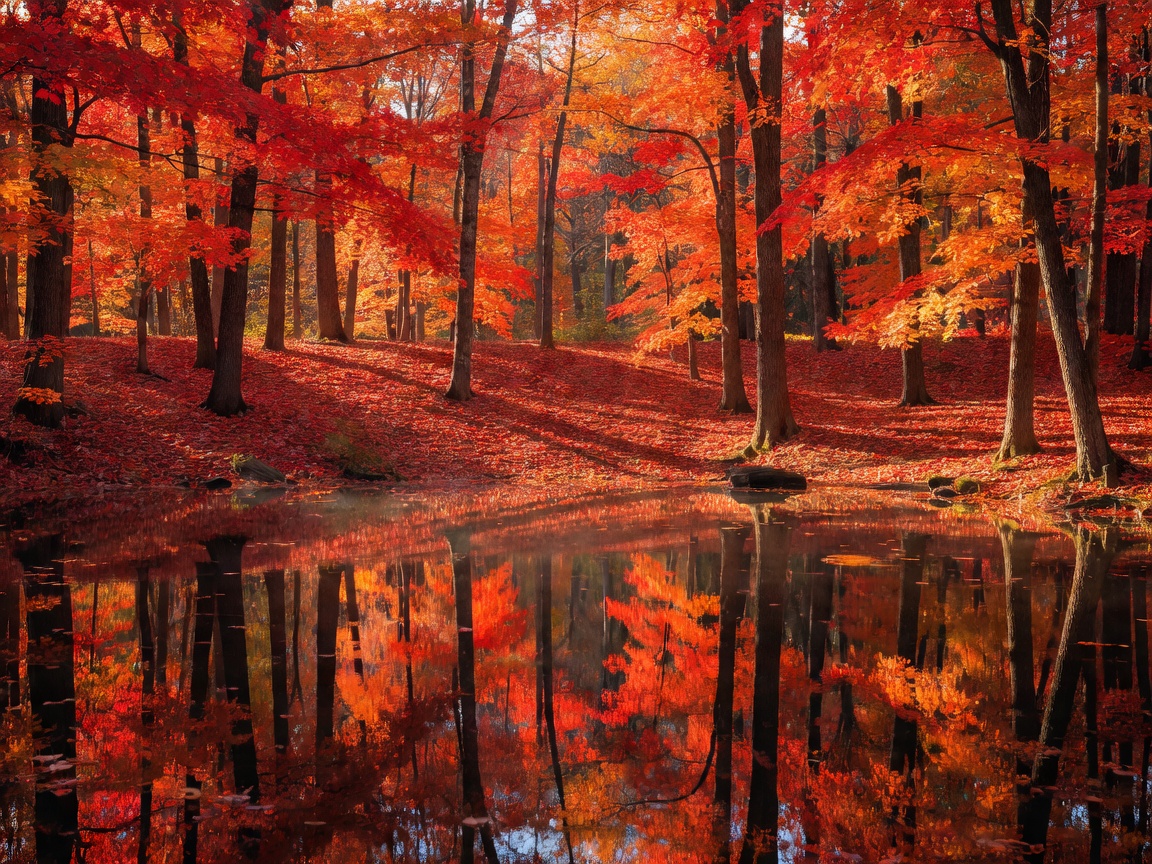 Autumn forest with brilliant red and orange leaves reflecting in water