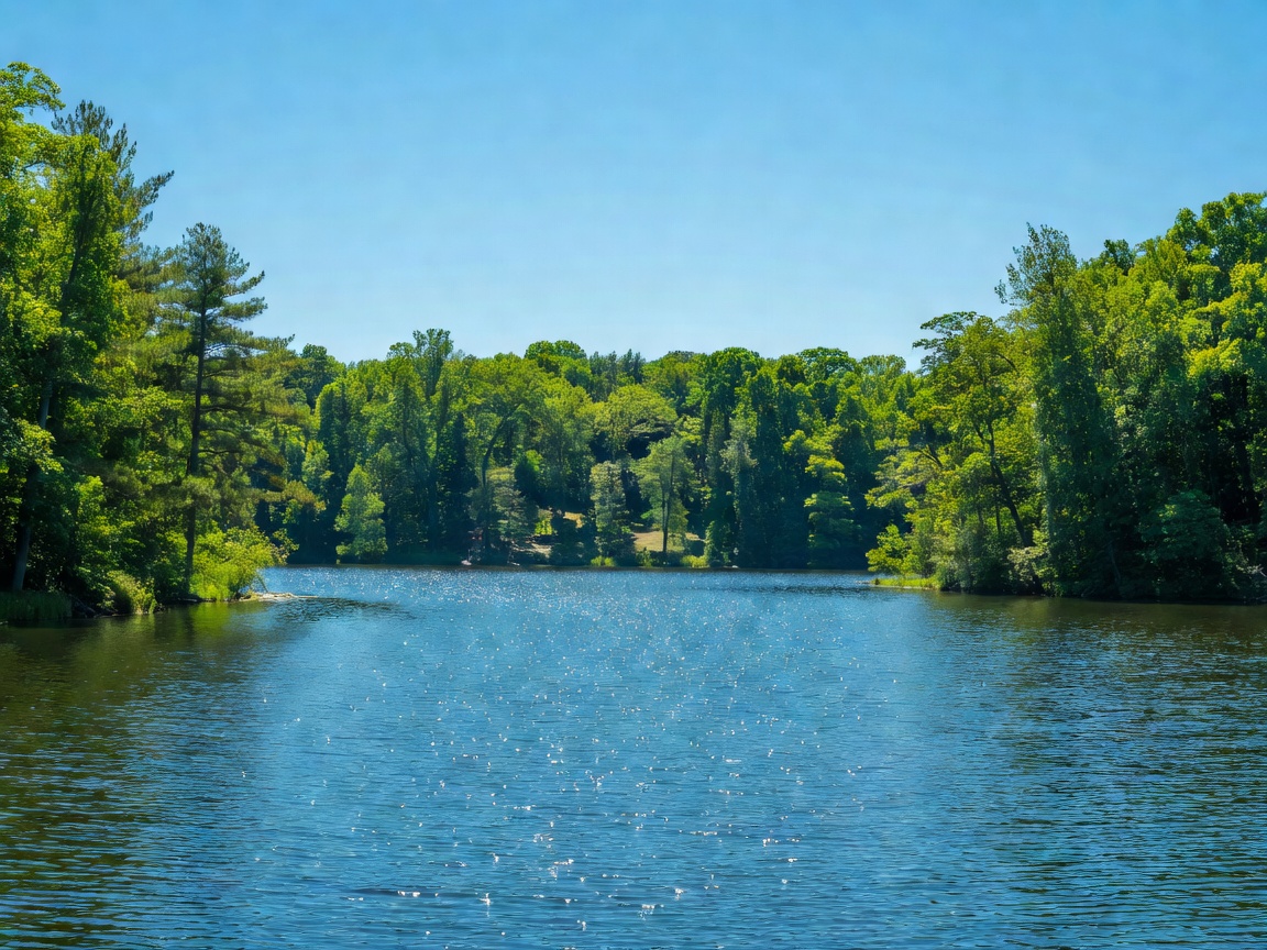Bright sunny summer day on a blue lake with lush green trees