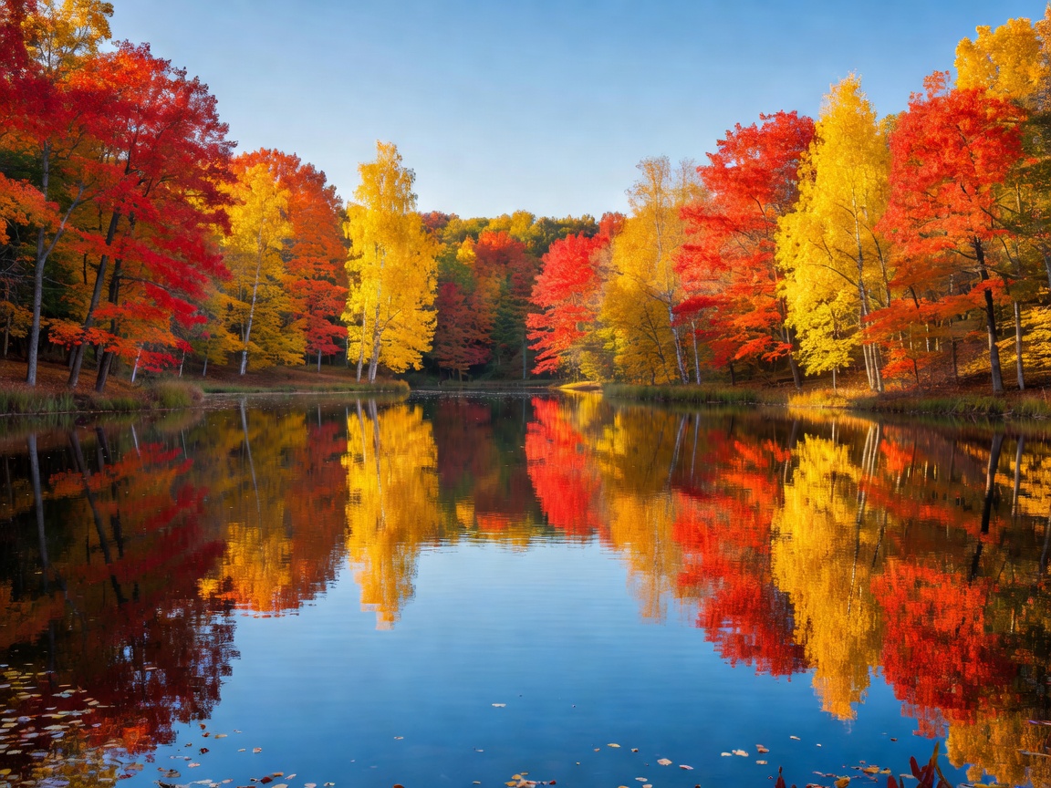 Brilliant red and yellow autumn trees surrounding a still blue lake