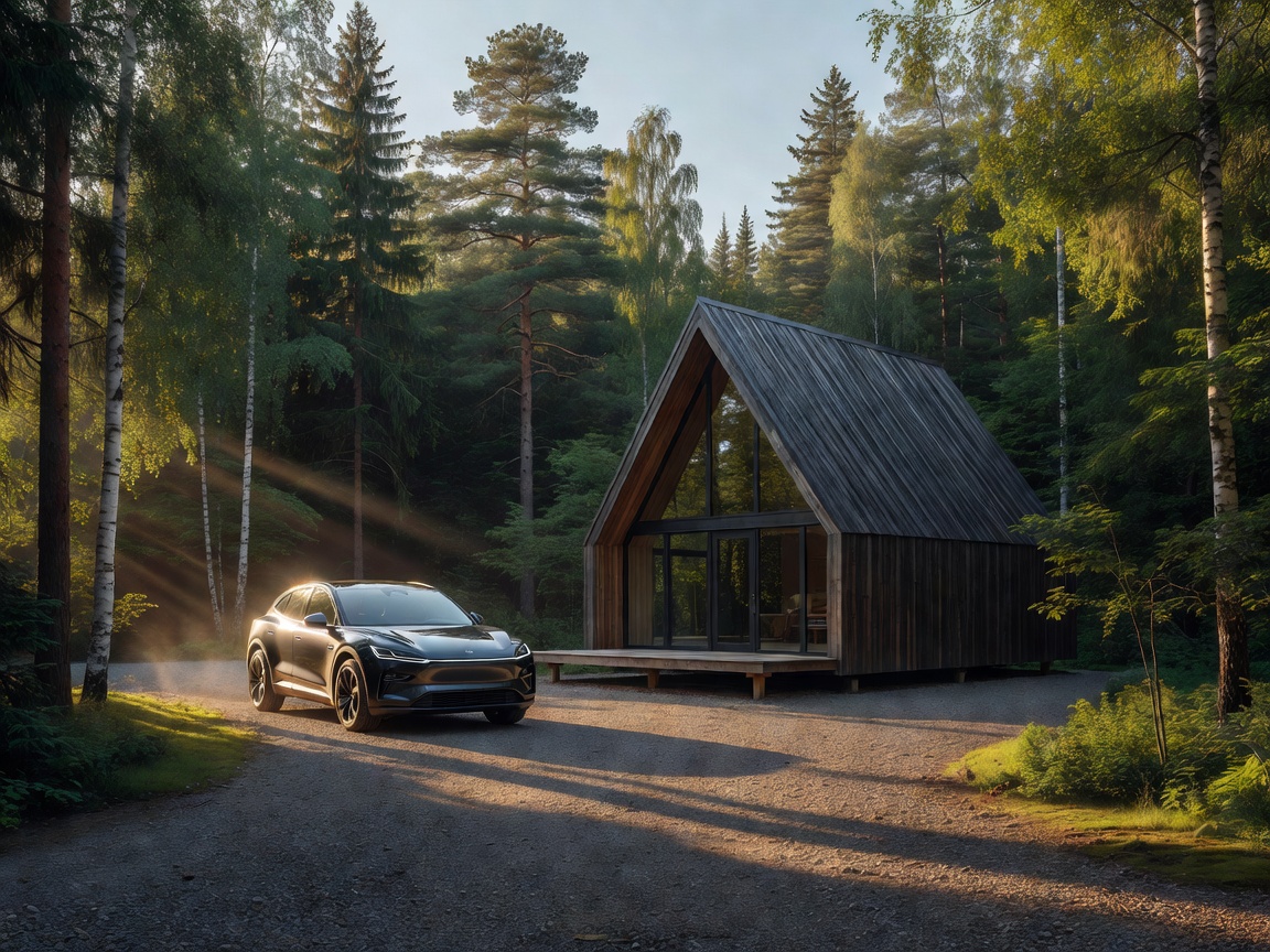 Car parked next to a modern A-frame cabin in the woods