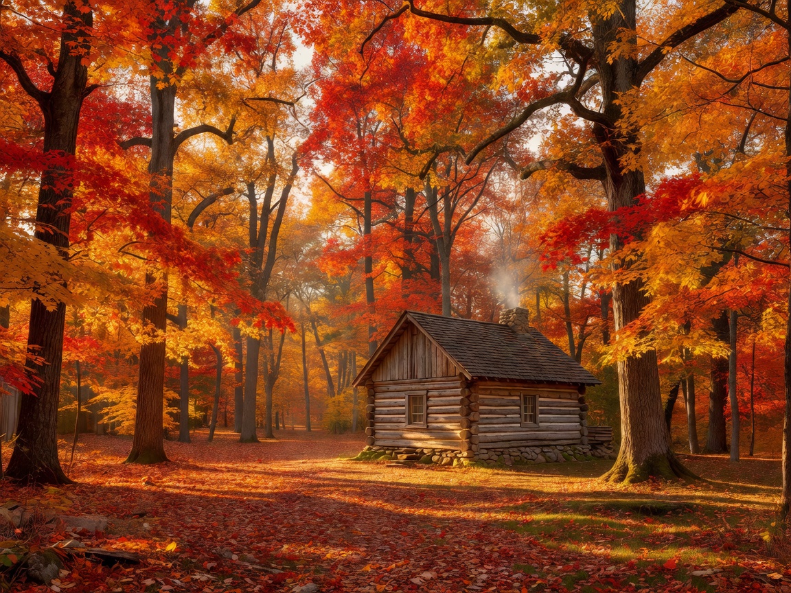 Classic log cabin situated among tall deciduous trees in autumn