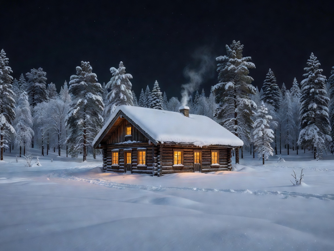 Cozy cabin glowing with warm light from the windows, surrounded by deep winter snow