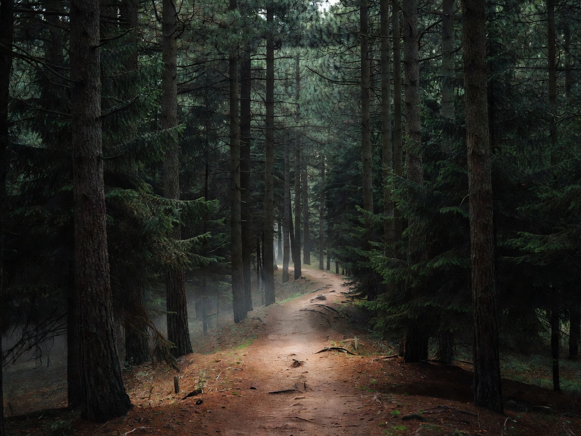Empty dirt trail winding through a dense pine forest