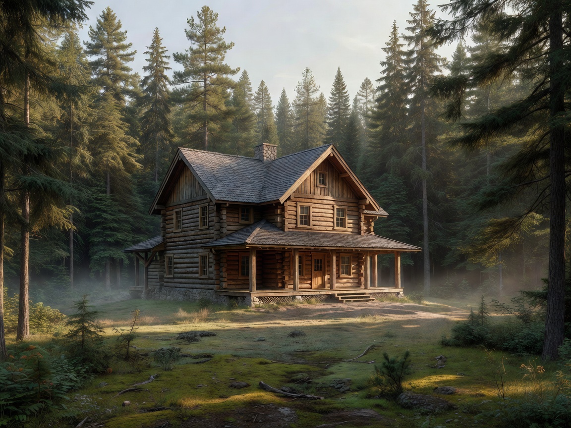 Exterior of a large wooden lodge building sitting prominently in a forest clearing