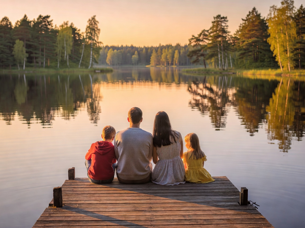 Family sitting on a wooden dock looking out over a calm lake