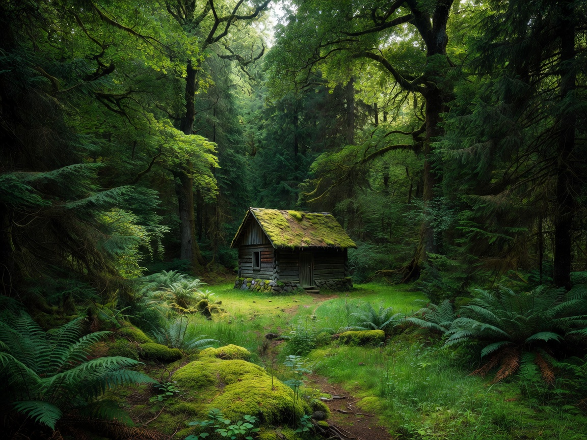 Isolated small cabin deep in a lush green forest