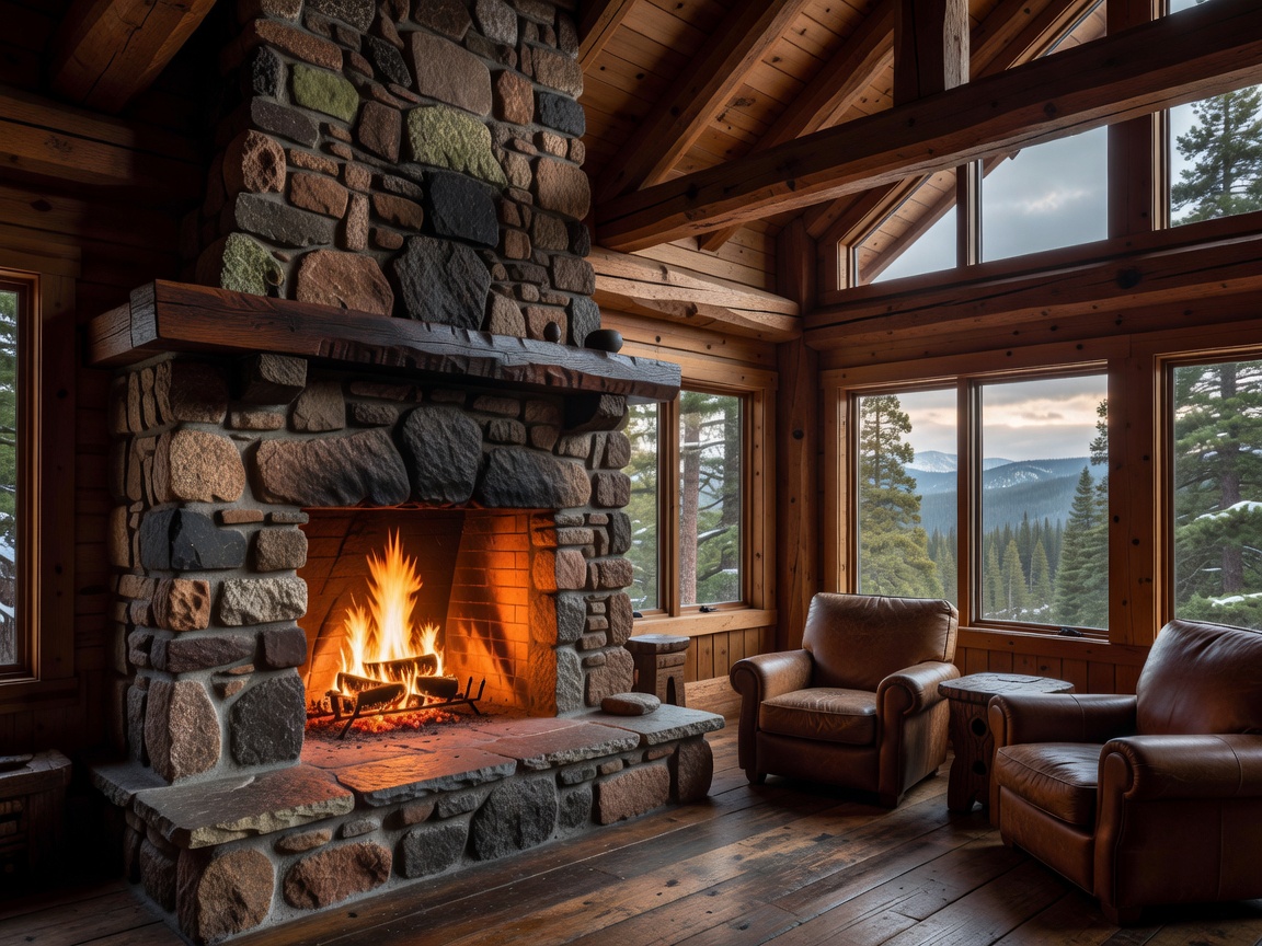Large stone fireplace inside a timber framed wilderness lodge