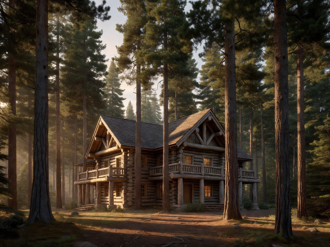 Large timber frame lodge surrounded by tall pine trees