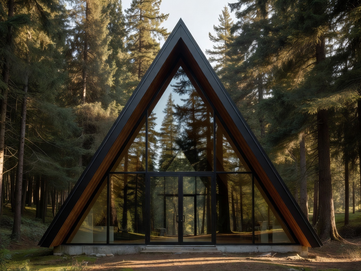 Modern A-frame cabin with large glass front reflecting the surrounding forest
