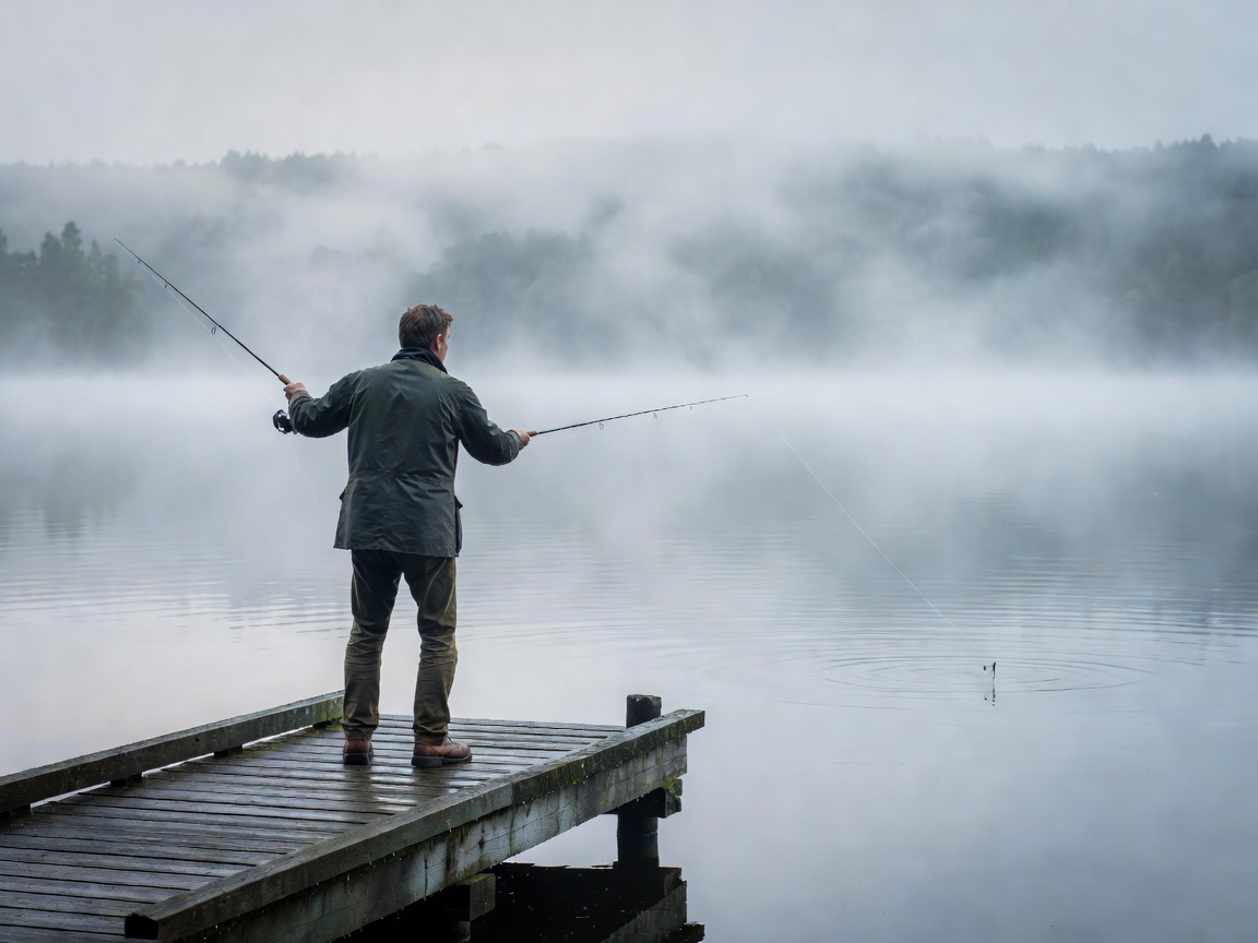 Person casting a fishing line off a wooden dock into a misty lake