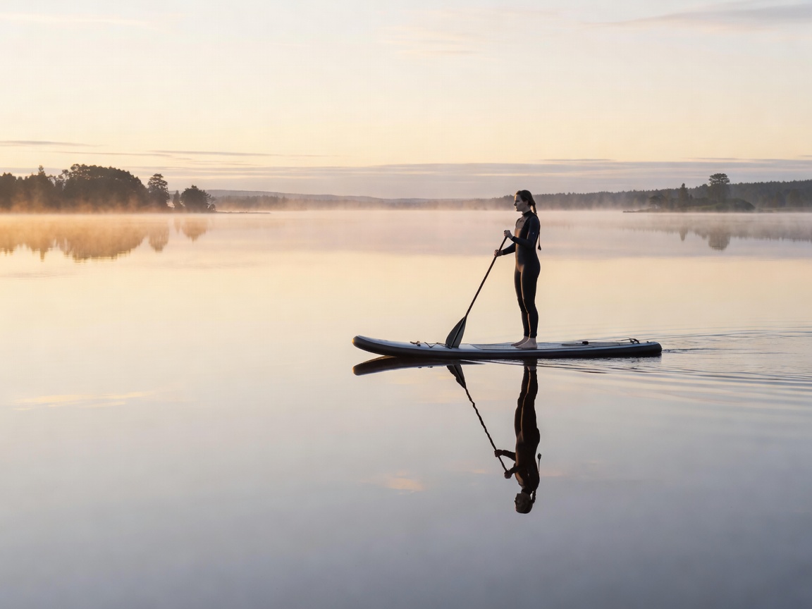 Person paddleboarding on a completely flat, mirror-like lake in the morning