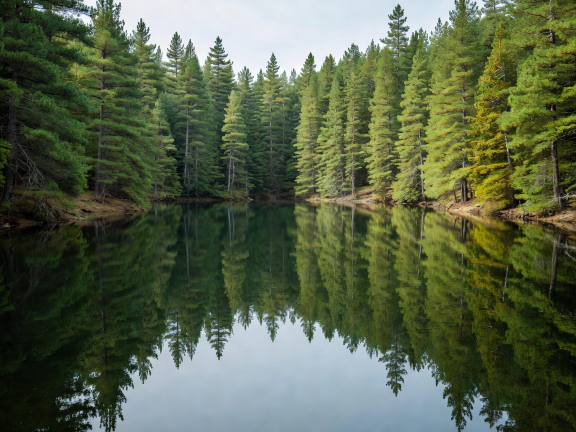 Quiet calm cove surrounded by dense green pine trees reflecting in the still water