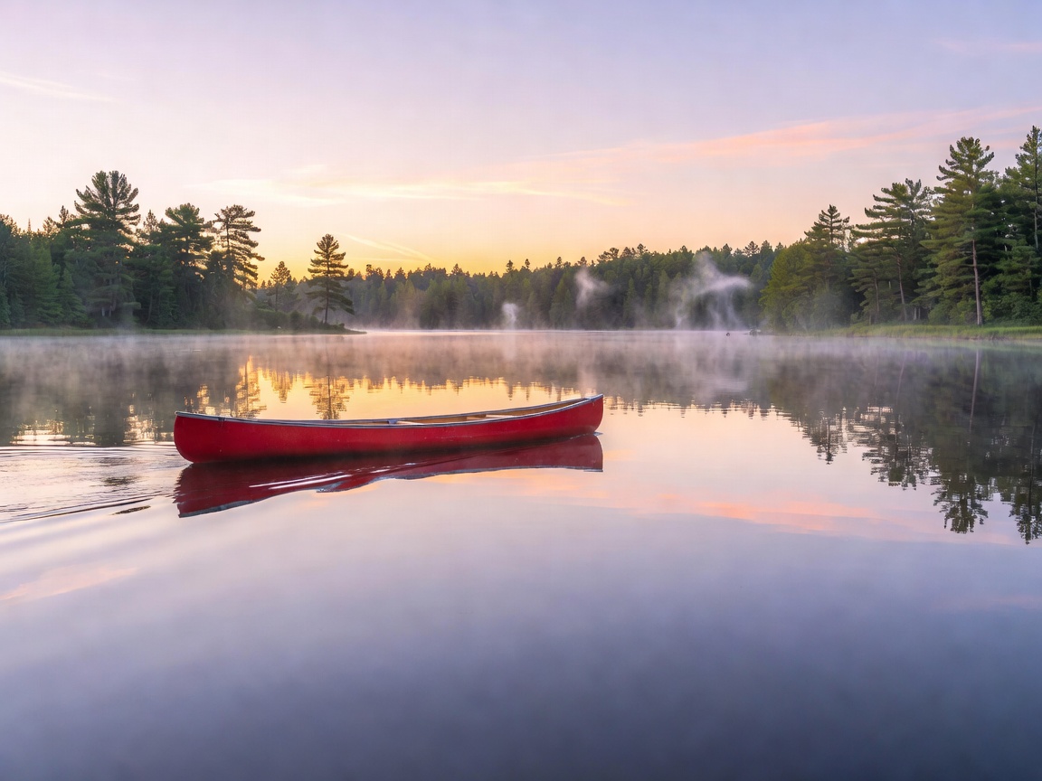 Red canoe gliding across a still lake at dawn