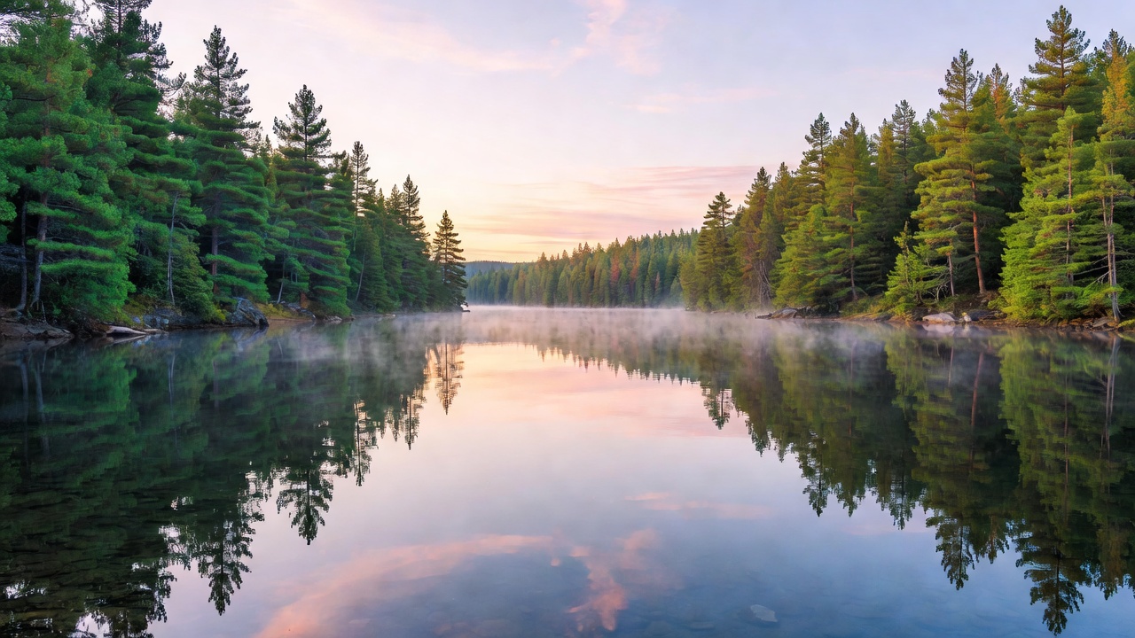 Serene Canadian lake surrounded by dense green pine forests reflecting in calm morning waters