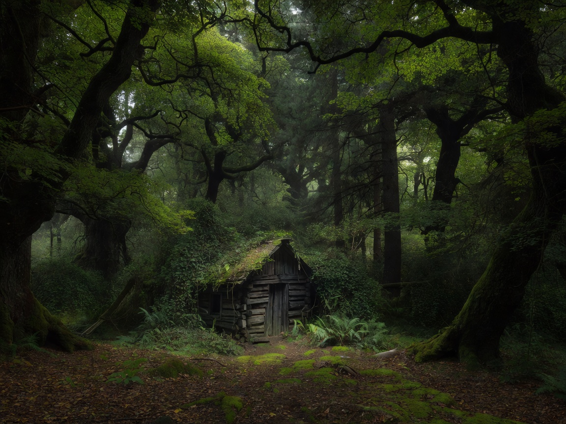 Small rustic cabin nestled deeply into a dense, quiet forest