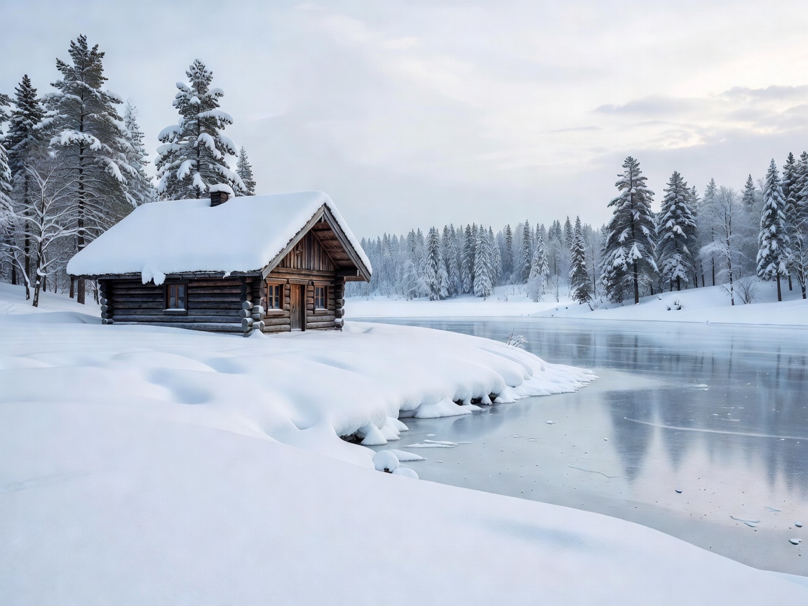 Snow covered cabin in a white winter landscape near a frozen lake