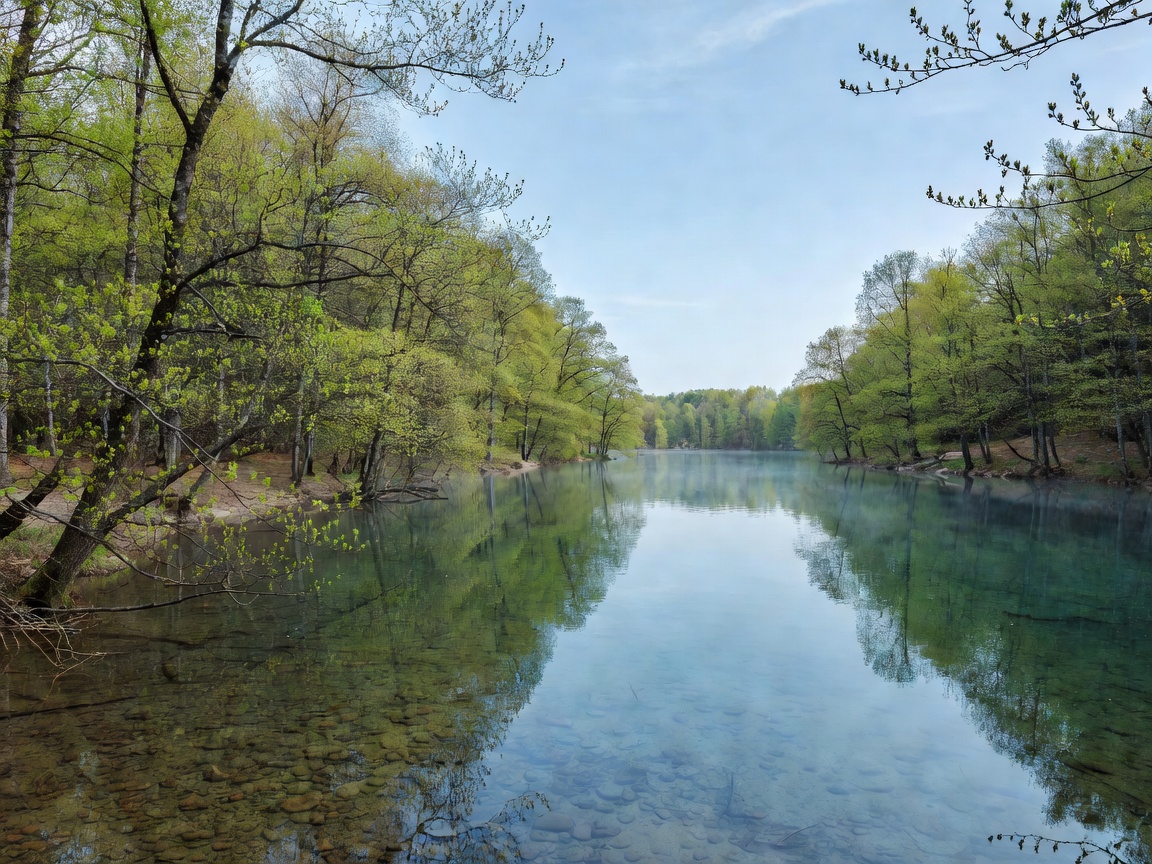 Spring landscape with green buds on trees and a clear lake