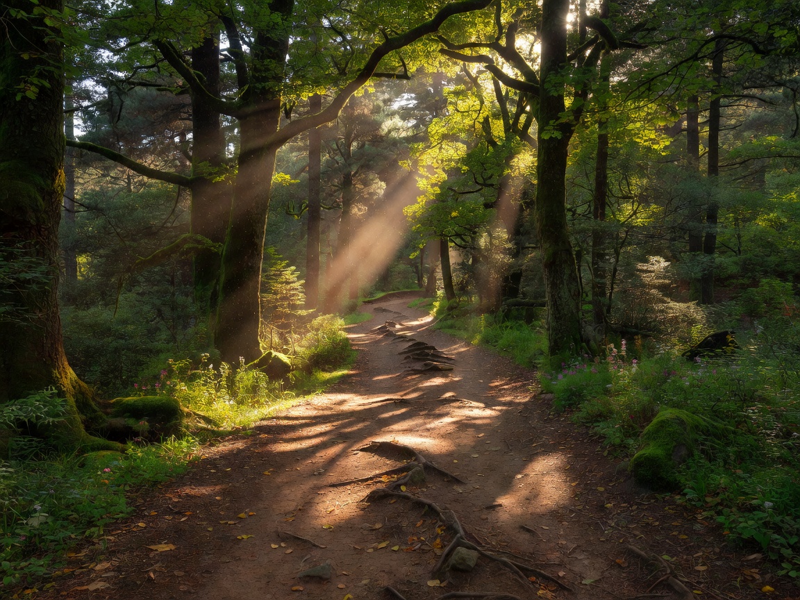 Sunlight filtering through tall trees onto a winding dirt hiking path