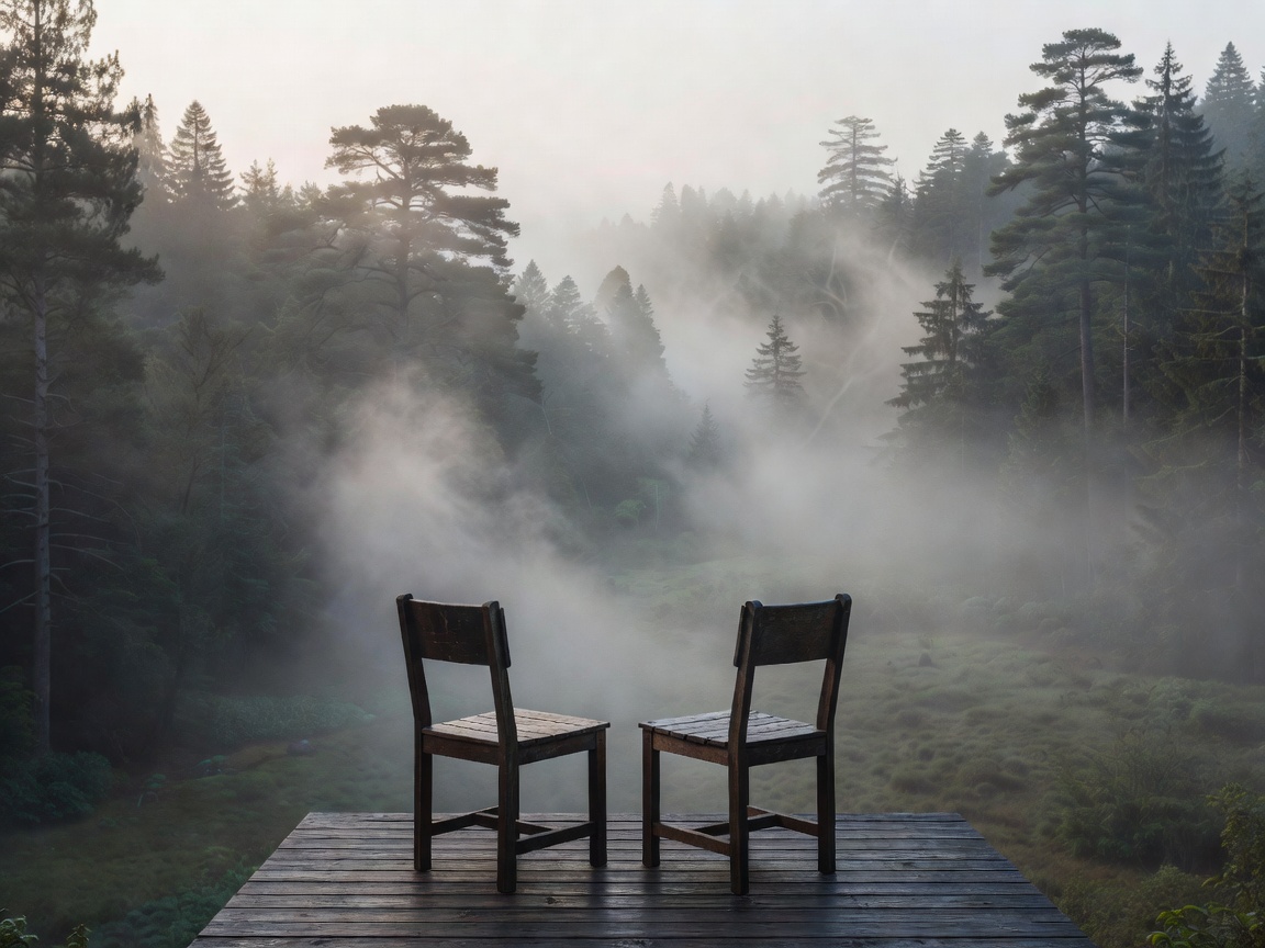 Two chairs set up on a quiet deck overlooking a misty forest