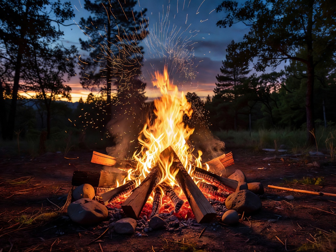 Warm campfire burning brightly with sparks flying into the evening sky