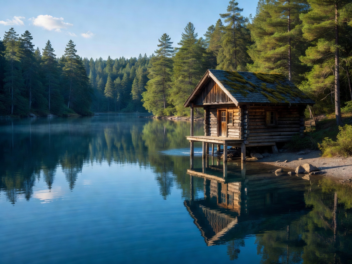Wooden cabin sitting right on the edge of a calm blue lake