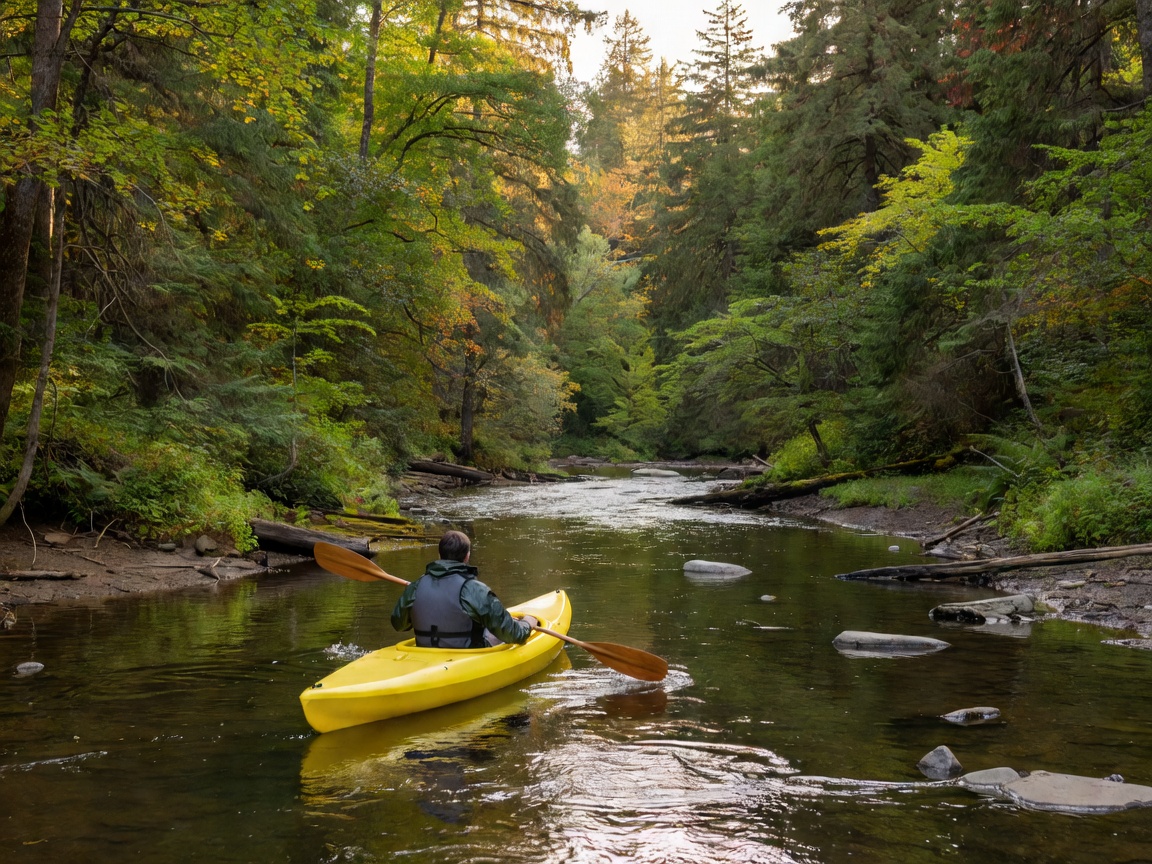 Yellow kayak navigating a gentle river near a forest